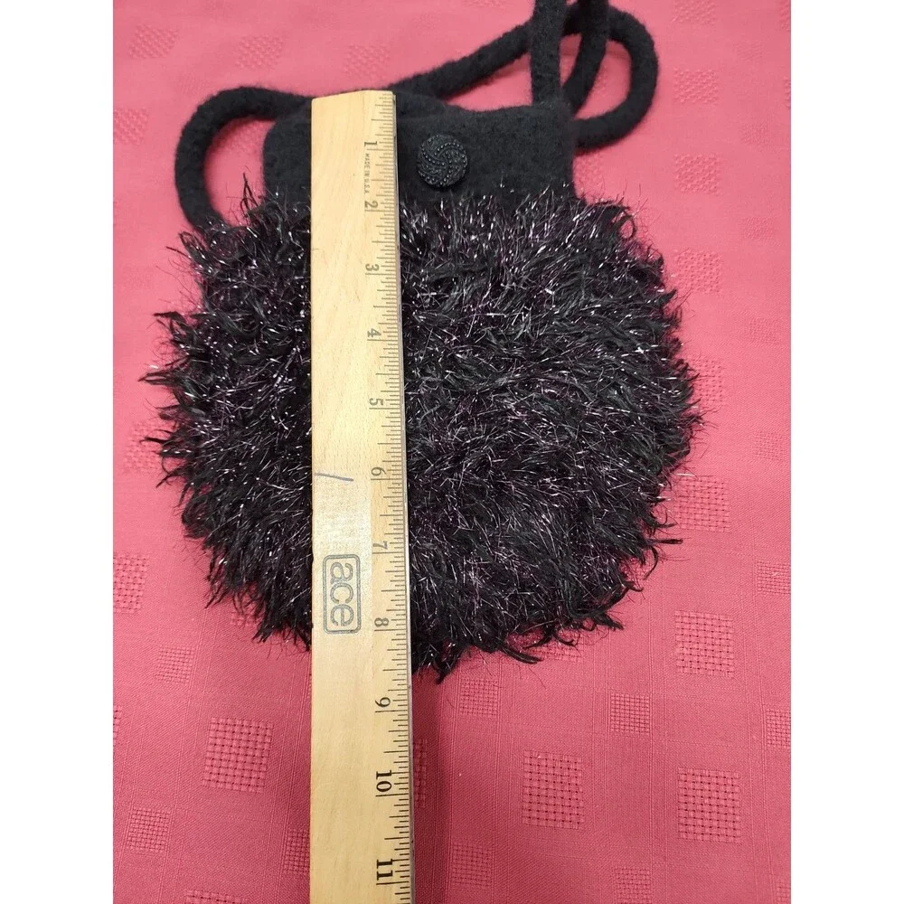 Artisan Handmade Black Felted Wool And Tinsel Yarn Evening Bag Round Drop Handle
